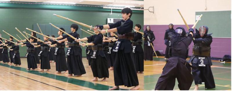 Photo of children practicing kendo with gear and shinai drawn