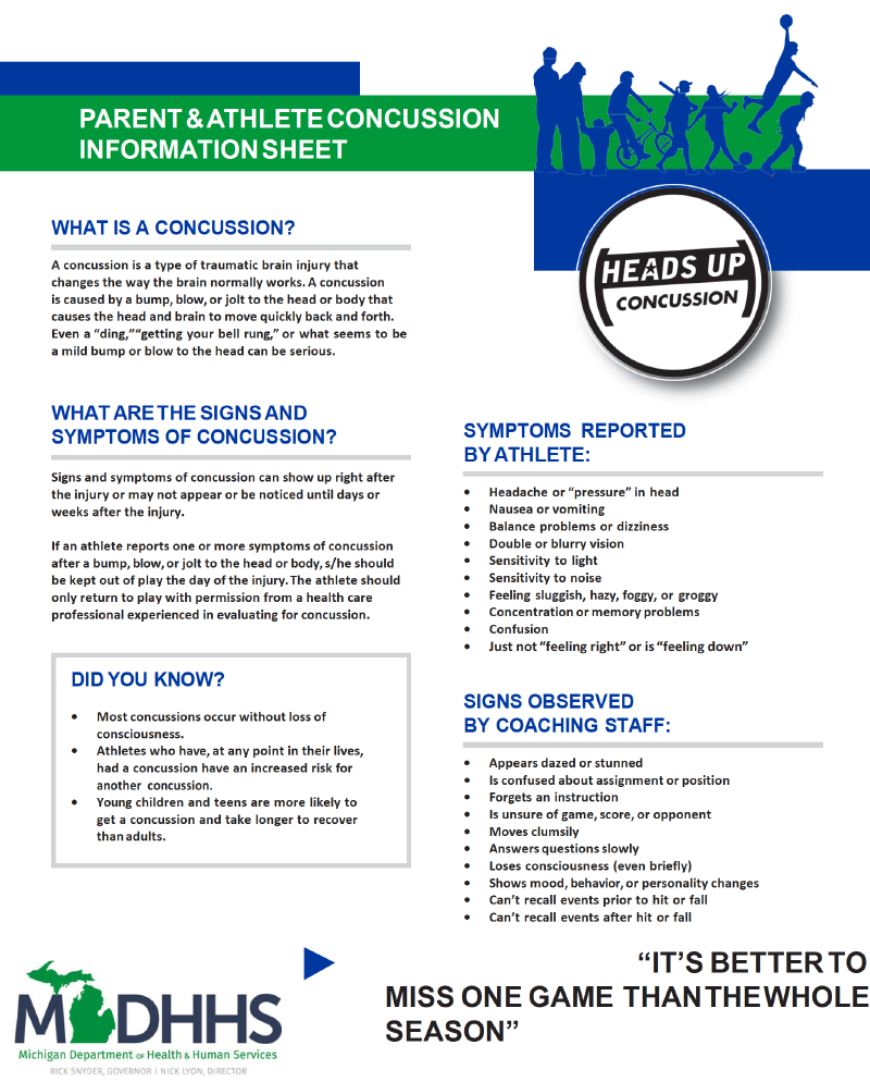 Page 1 of the Michigan Parent and Athlete Concussion Information Sheet