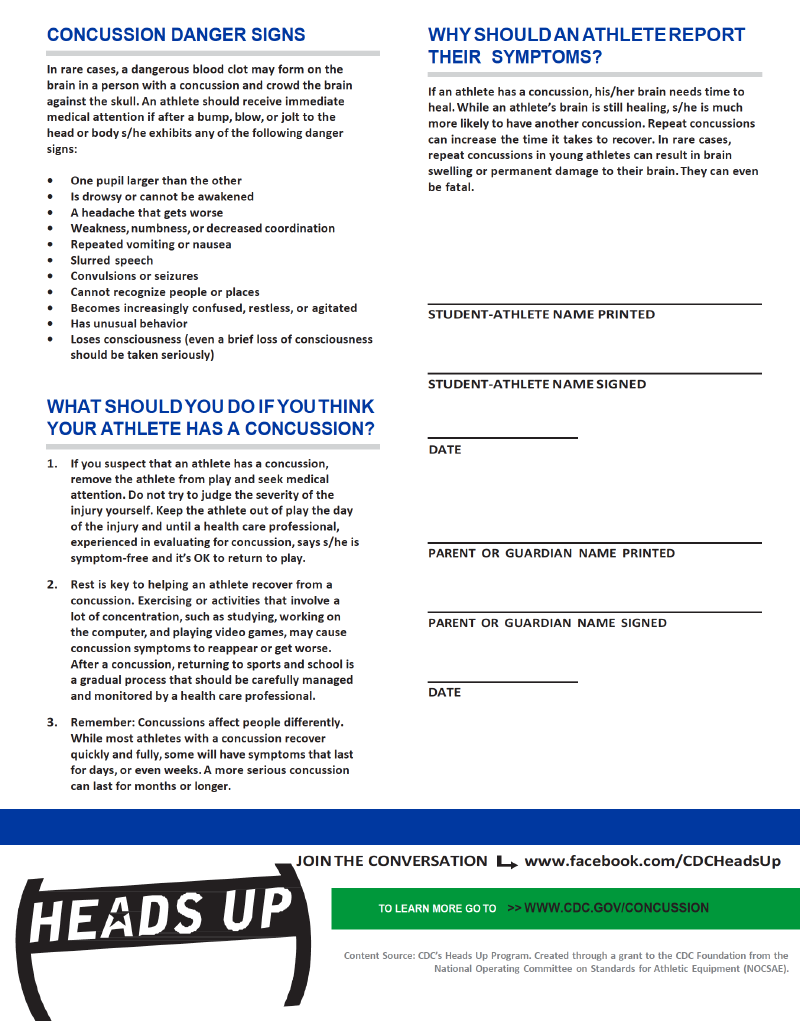 Page 2 of the Michigan Parent and Athlete Concussion Information Sheet